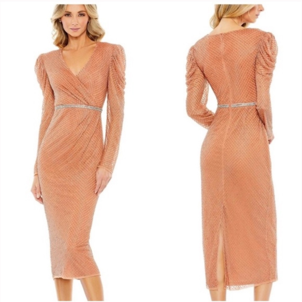 MAC Duggal 93674 Beaded Wrap Front Midi Dress Copper